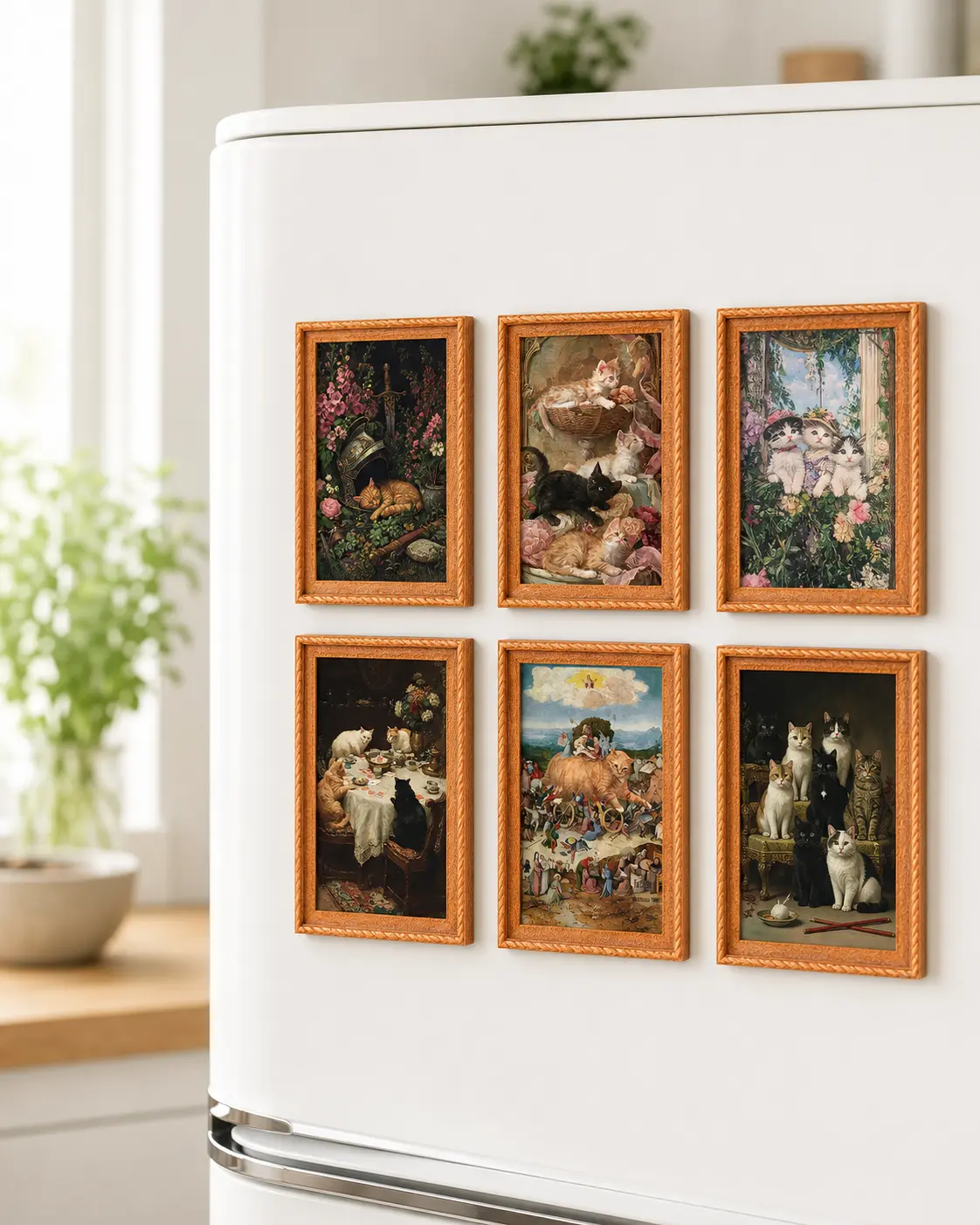 Vintage Cat Painting Wooden Picture Frame Magnet - 3 Inch 2-Layer Classic Feline Art Refrigerator Magnet