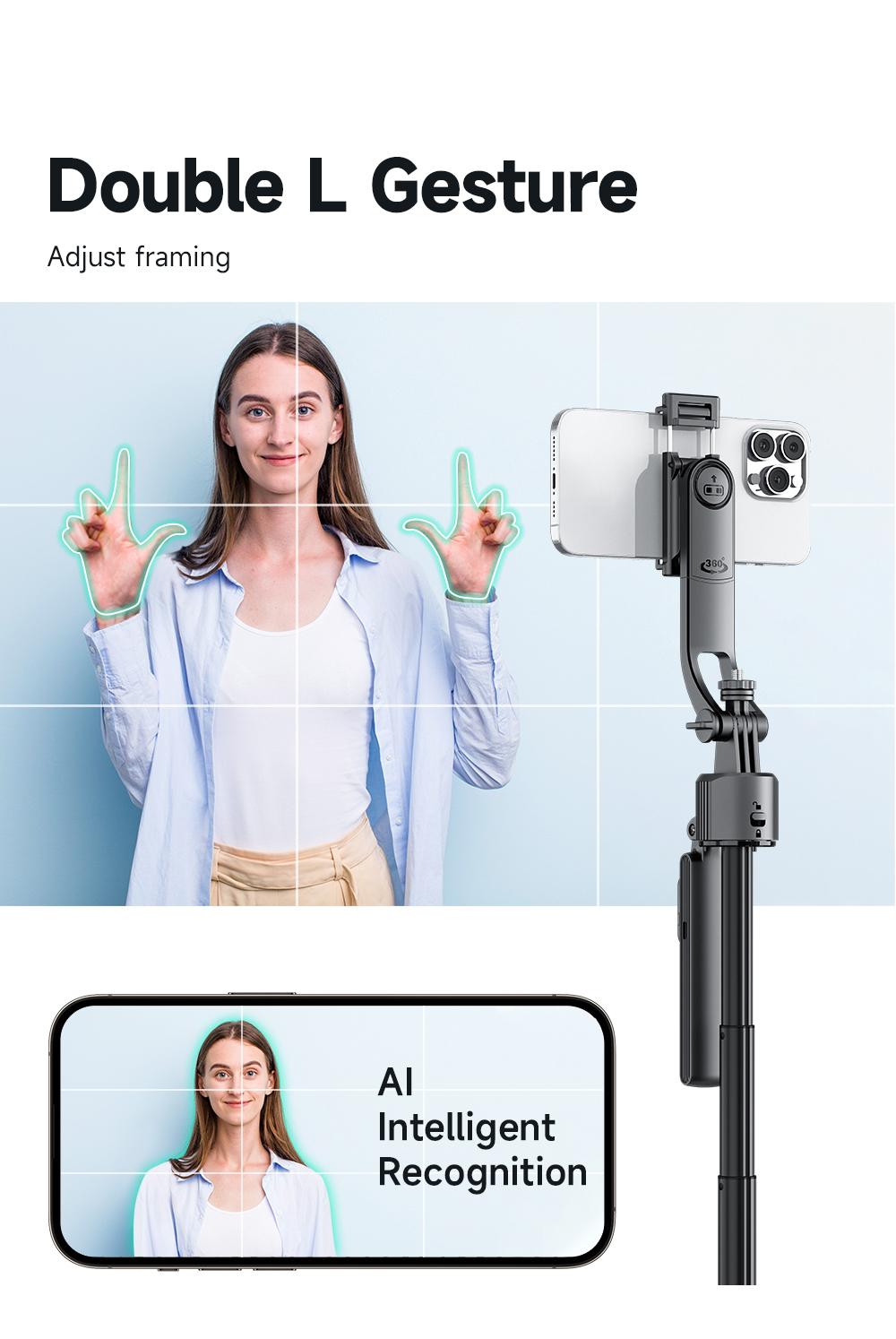 Auto Face Selfie Stick 360° Rotatable Tripod for iPhone One Click Pop Up Gesture Control Handheld Stabilizer Detachable Phone Holder Multifunctional Remote Control 68.9 inches Smartphone Camera Accessories
