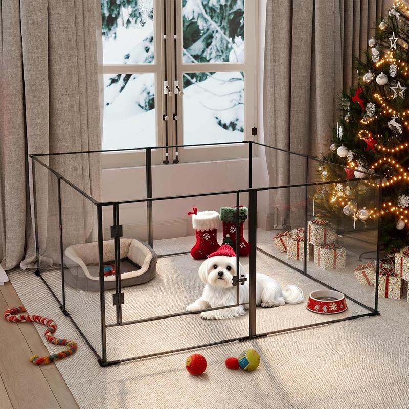 Bingopaw Acrylic Dog playpen Indoor: Clear Puppy Pen for Small Medium Dogs Cats with Metal Frame - 8panels 24inch Tall Transparent pet Fence with Door for Rabbits Guinea Pig