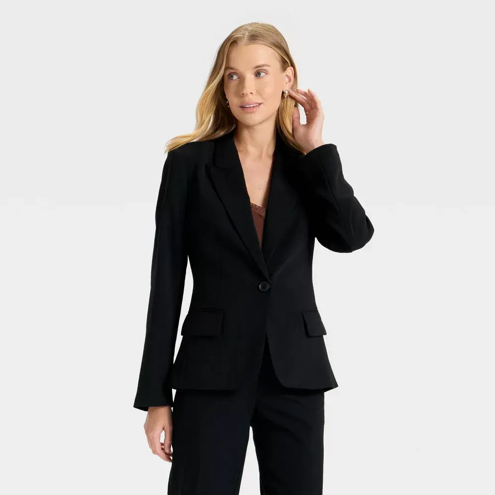 Women's Signature Crepe Fitted Blazer - A New Day, Polyester Fabric Garment, Basic Style with Pocket