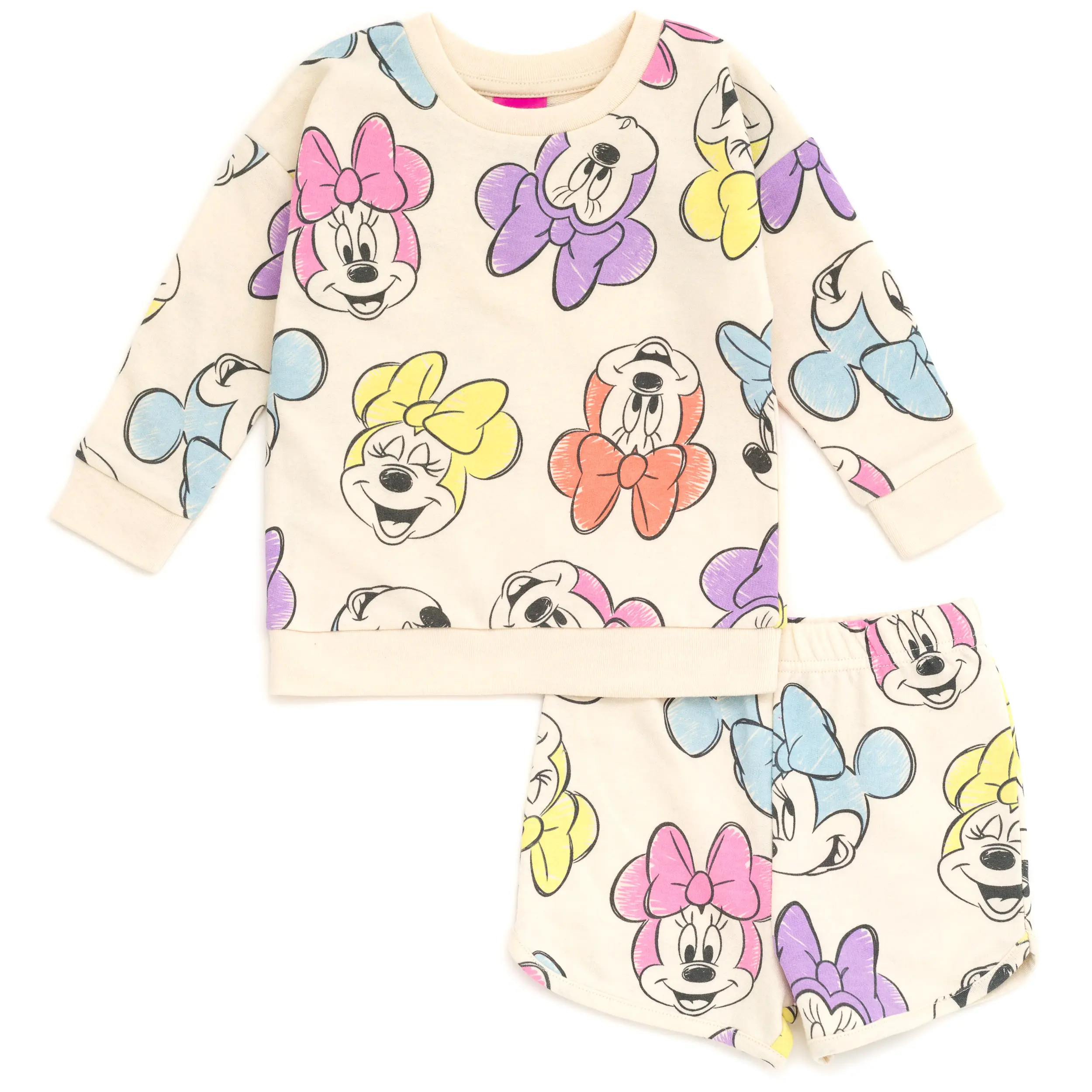 Disney Minnie Mouse Girls' 2-Piece Allover Print French Terry Pullover & Elastic Waist Band Shorts Outfit, Cream, Toddler to Big Kid (Girls Clothes)