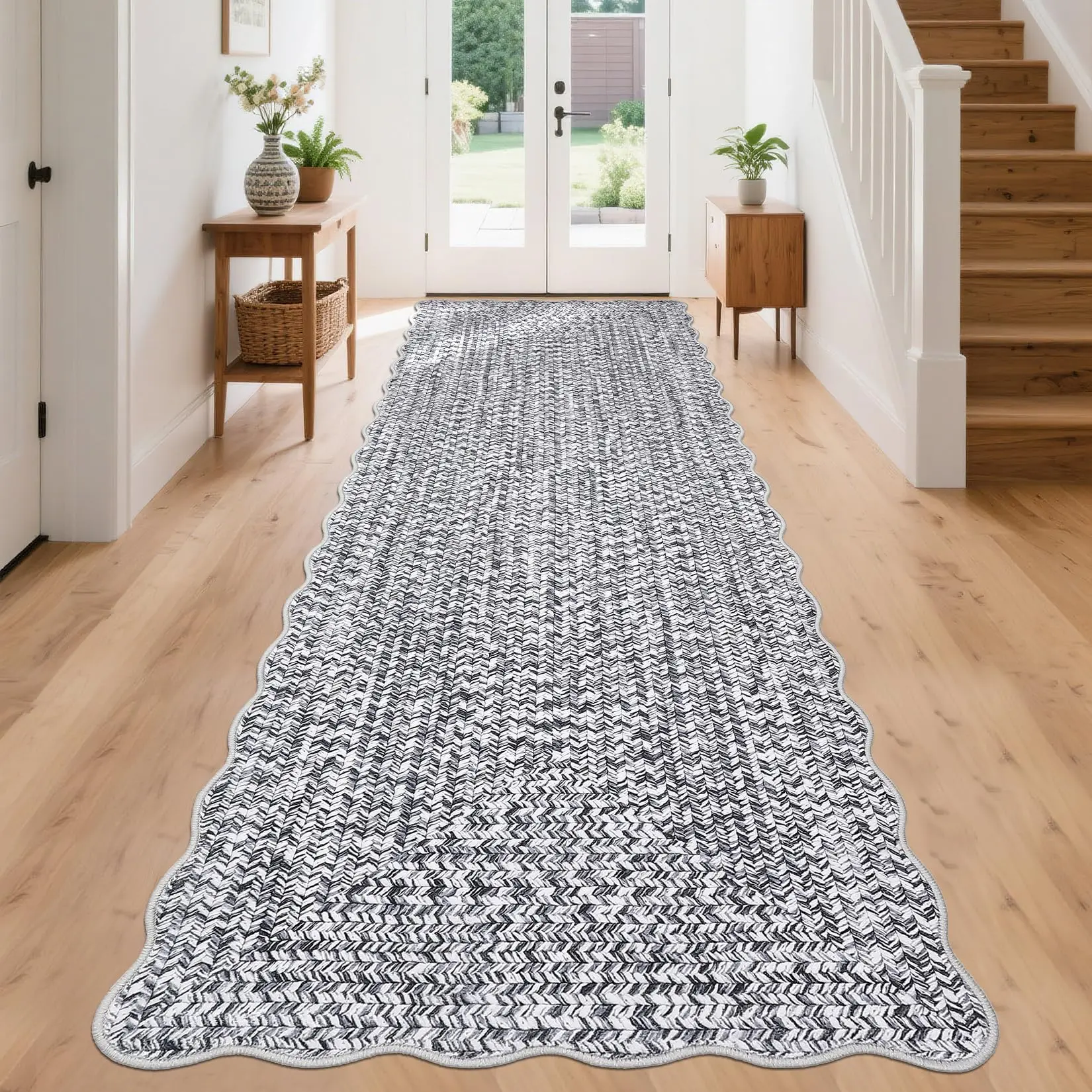 Washable Runner Rug 2x10 Hallway Runners Braided Print Entryway Runners Non-Slip Kitchen Rug Runner Ultra-Thin Low Pile Farmhouse Accent Carpet for Bedroom Bedside Laundry Scalloped Light Grey