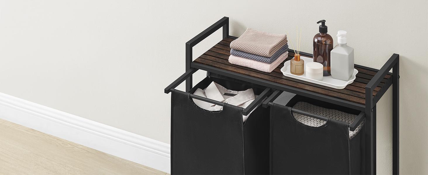 SONGMICS HOME VASAGLE Laundry Sorter with Top Shelf and Pull-Out Bag, Compartment Modern Irregular Laundry Basket Organiser