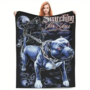 Ultra-Soft Dark Pitbull Cartoon Flannel Throw Blanket - Cozy, Warm & Machine Washable for Couch and Bed, All-Season Comfort, 250-300gsm, Contemporary Style