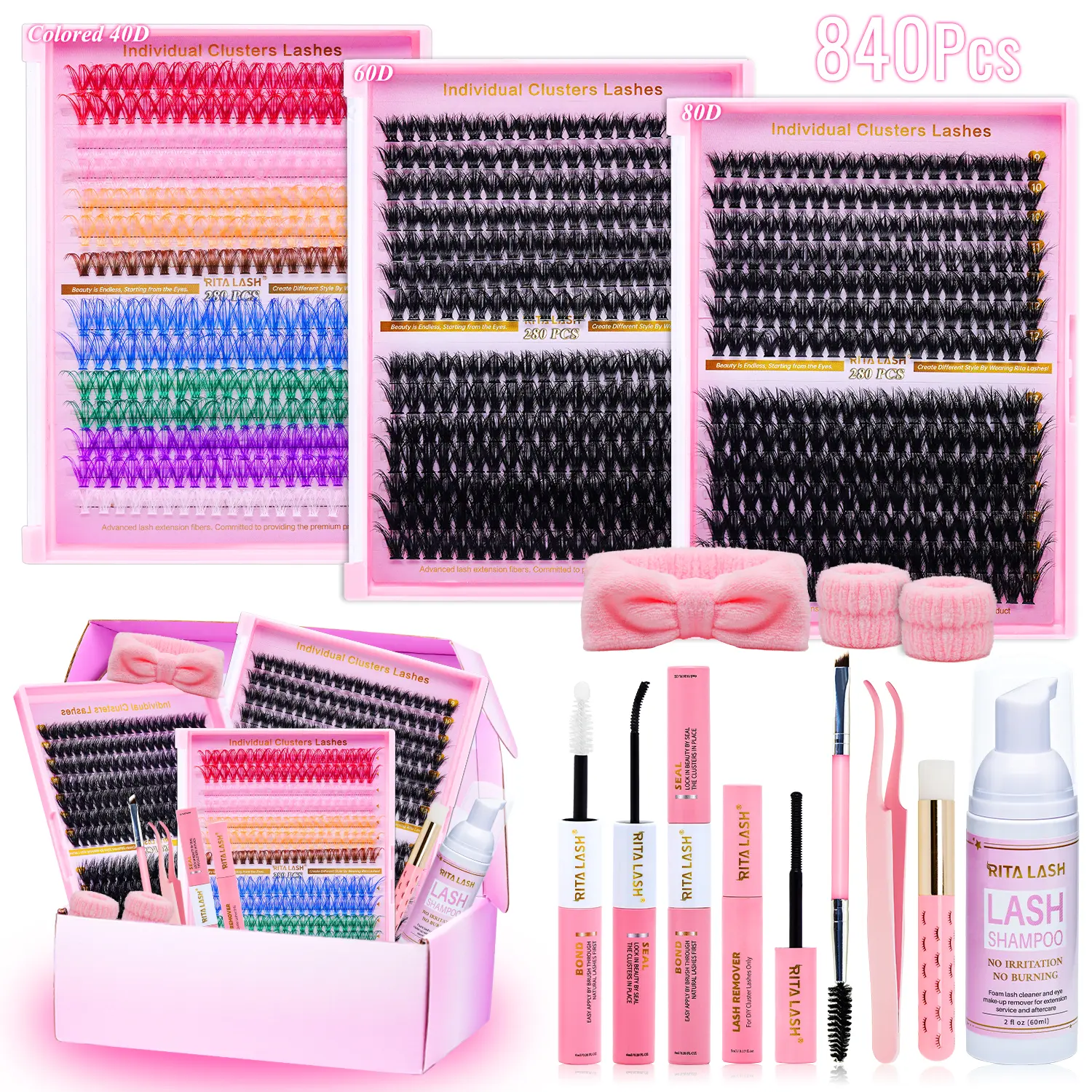 RITALASH 840Pcs Lash Cluster Kit Bulk Pack - D Curl Wispy False Eyelash Extensions, Colored Volume Studio Effect, Wholesale Set with Glue, Seal, Tweezers, Removers, Cleanser