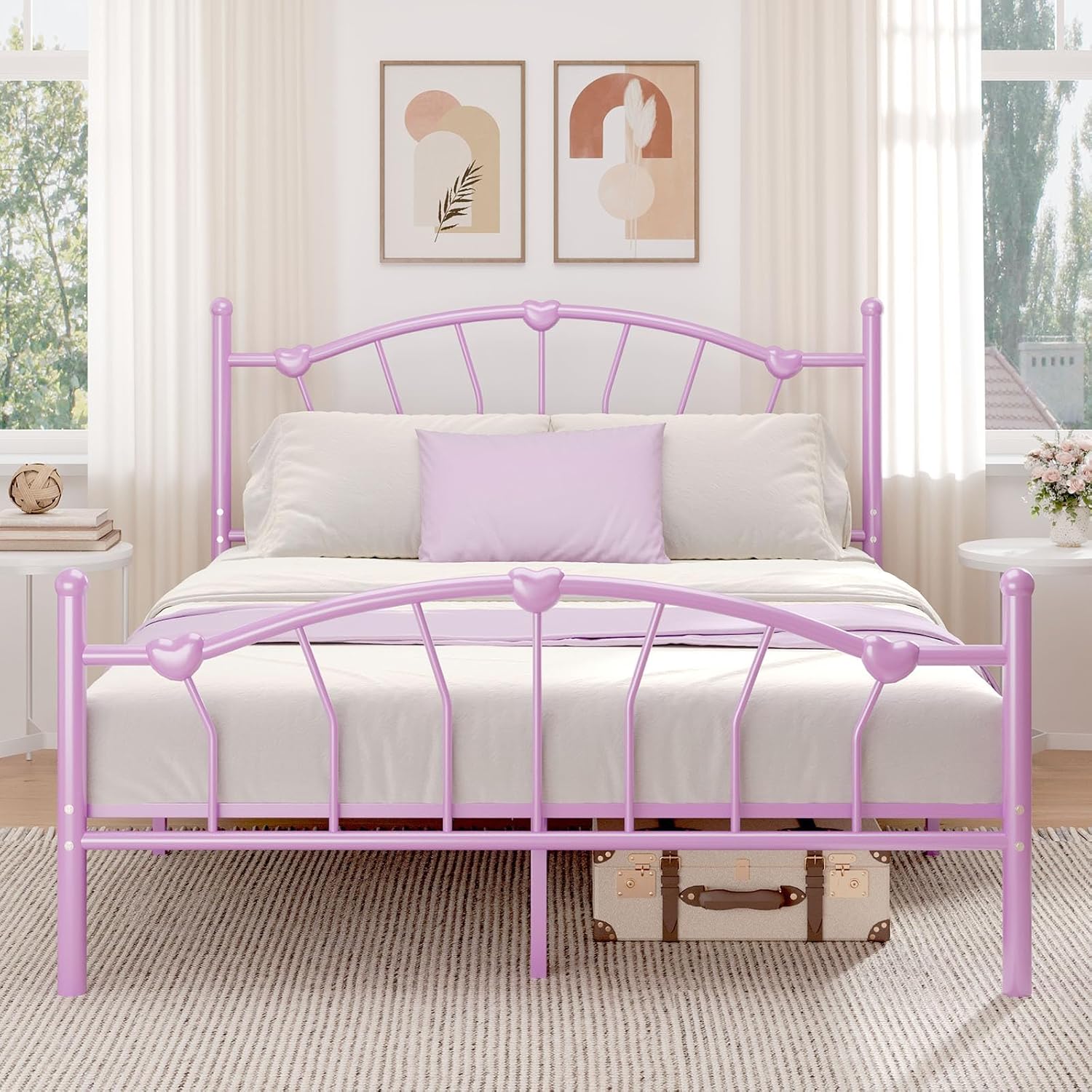 HOMBCK Bed Frame, Girls Bed Frame, Bed Frame with Heart-Shaped Decorative Headboard and Footboard, Heavy Duty Metal Slat Support, No Box Spring Needed, Easy Assembly
