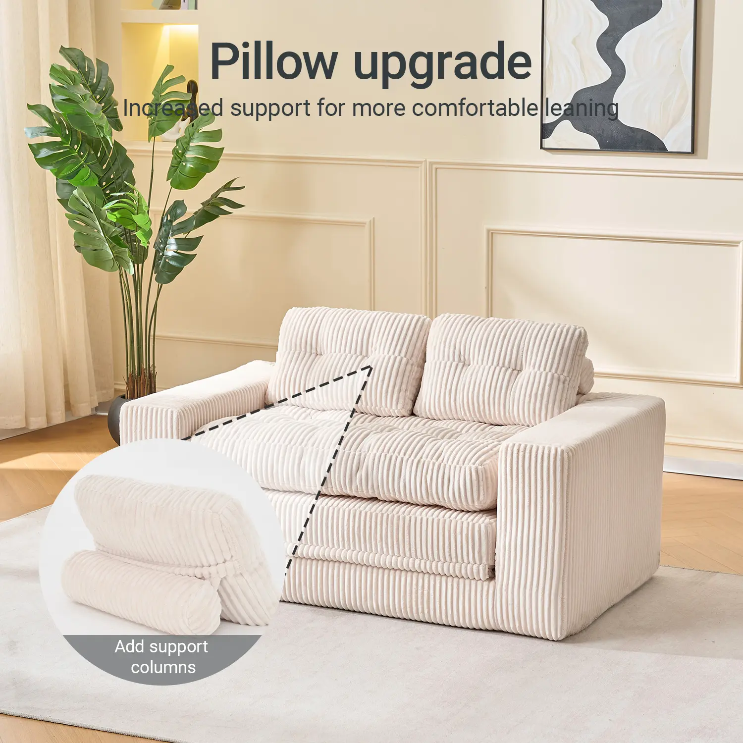Small Modern Upholstered Futon Couch Bed - 55.1in 2-in-1 Durable Corduroy Boneless Sofa with Secure Tufting, 48h Plush Foam, Pillows, Pre-Assembled Space-Saving Fold Design for Dorms, Living Rooms