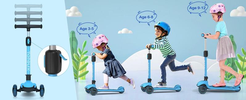 Kids Scooter for Ages 3-12 with Multi-Gear Handlebar Adjustment, Light Up Wheels, Lean-To-Steer Design & Widen Anti-Slip Deck