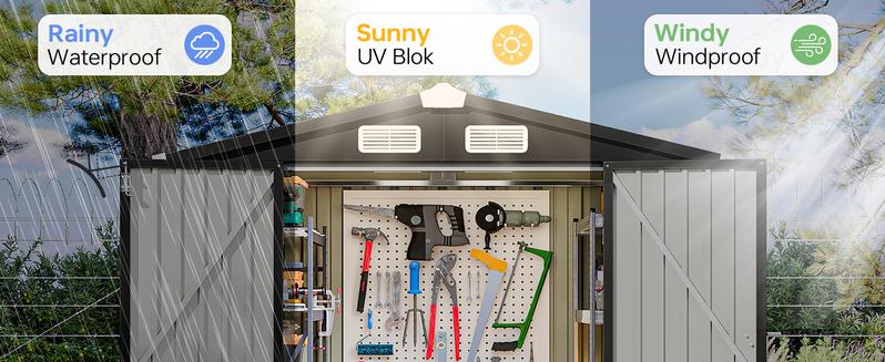 Aoxun 4x6FT/ 8x10FT /10x12FTOutdoor Storage Shed, Double Hinged Lockable Doors, Galvanized Steel Waterproof Heavy Duty Garden Shed for Backyard, Patio, Lawn Aoxun 4x6FT/ 8x10FT /10x12FTOutdoor Storage Shed, Double Hinged Lockable Doors, Galvanized Steel Waterproof Heavy Duty Garden Shed for Backyard, Patio, Lawn