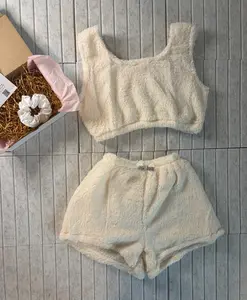 Snuggle White & Hearts Pink Lounge Wear Pajama Set- Teddy Shorts and Crop Top l Gift l  Personalizable l Comfy