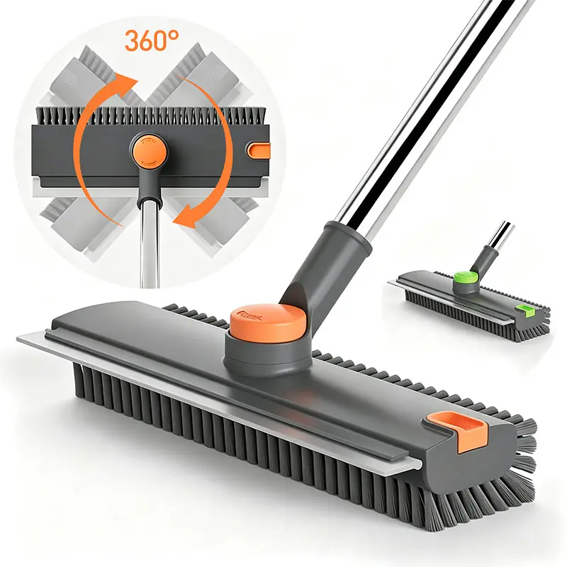 XUKIL Floor Scrub Brush with Long Handle 3 in 1 Scrape Rotating Head & Squeegee Stiff Bristle Floor Broom with Tweezer for Cleaning Bathroom, kitchen, Patio, Batub, Glass, Tile