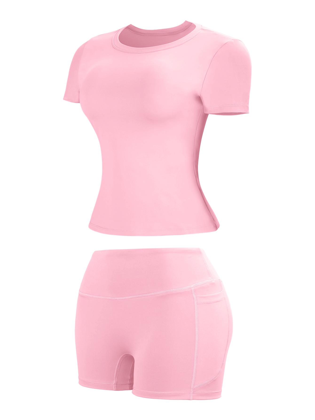 New Women's Two-Piece Set, High-End Solid Color T-Shirt and High-Waist Fitted Shorts Activewear Set, Leisure Breathable Quick-Drying Set, Suitable for Yoga and Gym Wear, Women's Summer Sports Outfit, Athletic Wear, Fitness and Running Clothing