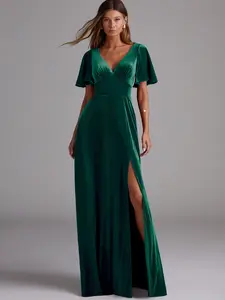 Azazie Kimber A-Line V-Neck Butterfly-Sleeve Pocket Wedding Guest Formal Velvet Dress