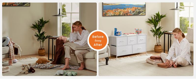 【Super Sale】Cupboards Cabinets Dresser - Fabric Storage Tower with 5 Drawers, Bedroom Organizer, Chest of Drawers with Fabric Bins, for Bedroom