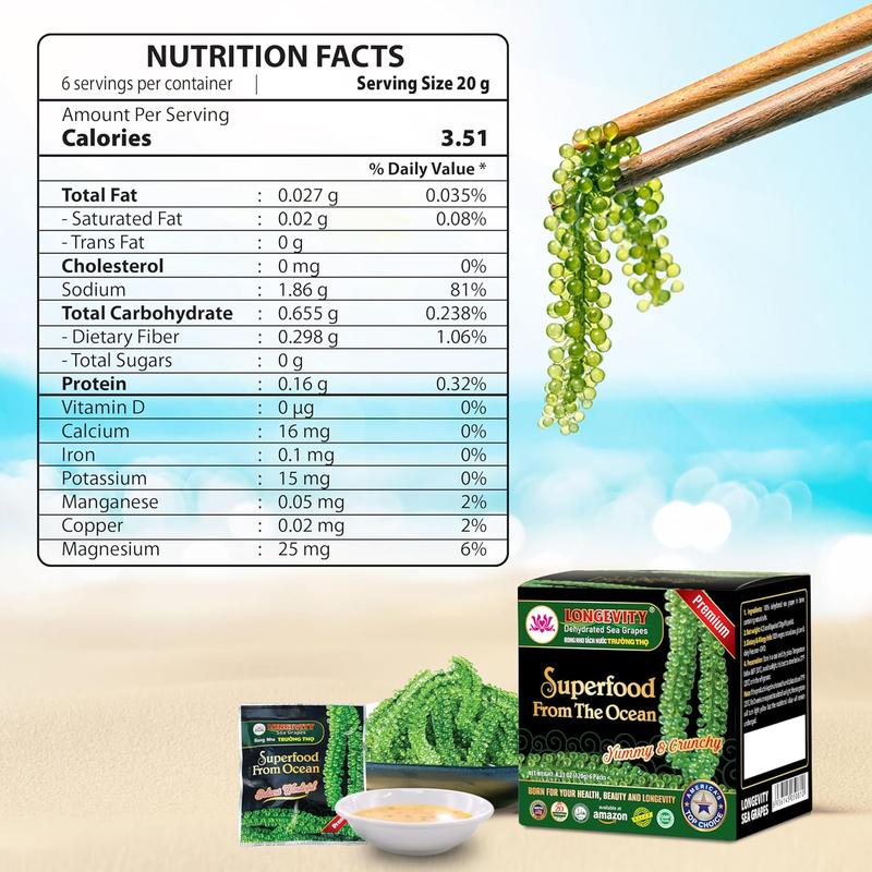 LONGEVITY Dehydrated Sea Grapes, 1.4 oz of (Pack of 2), Umibudo Green Caviar, Lato Seaweed | Enhance Health, Boosting Immune System, Valued Natural Gift From Sea (Original, 40g)