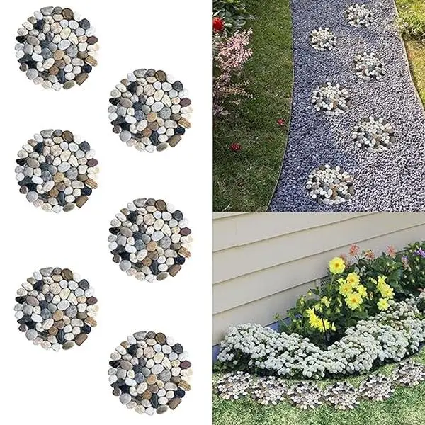 6 Pcs 9" L × 9" W River Rock Stepping Stones, Round Pebbles Polished Gravel, Outdoor Pebble River Stone Mat for Yard Lawn Patio Pathway Landscaping (Roundness, 9'')
