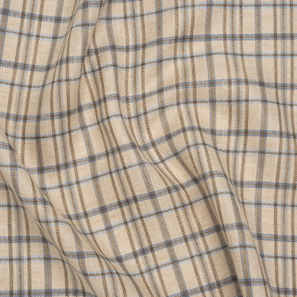 Linen Herringbone Twill - Beige, Blue and Brown Plaid