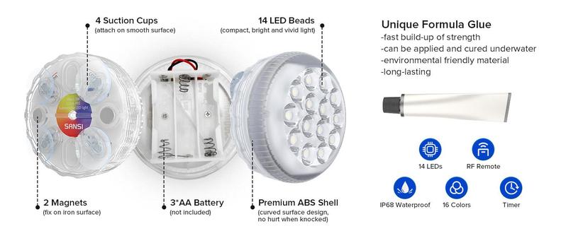 SANSI 8-Pack Submersible LED Pool Lights – RF Remote (200ft), Color-Changing Underwater Spotlights for Ponds, Showers & Inground Pools, Battery Charging, Waterproof with Glue, Magnets & Suction Cups– Perfect for Outdoorfun & Pool Decorations