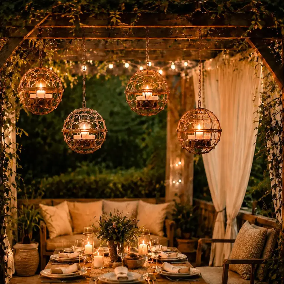 4-Pack Solar-Powered Rustic Weave Hanging Globe Candle Lanterns, Metal Wire Orb Lights with LED Candles & Chains, Waterproof Outdoor Decor for Patio (Home Improvement Garden Supplies)