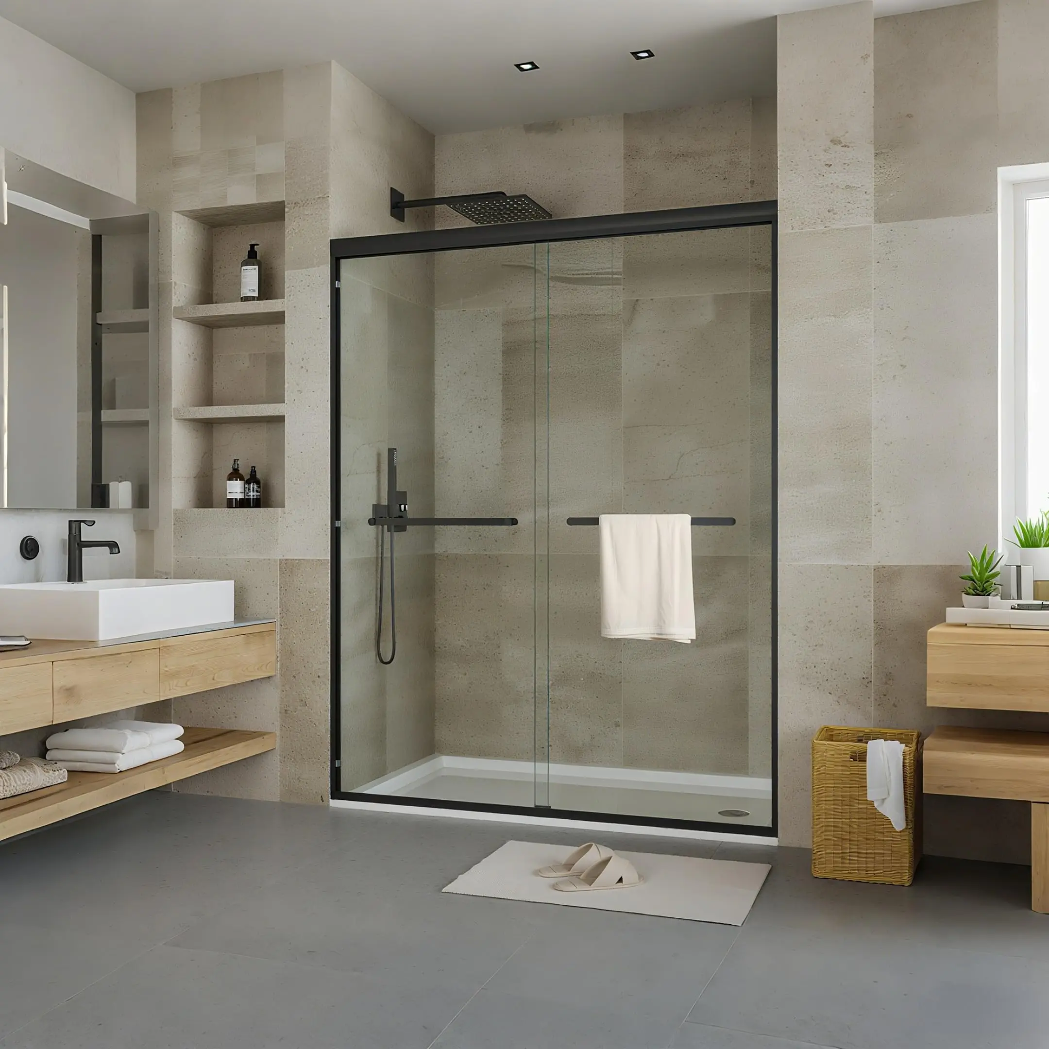 Garvee Framed Shower Door 56-60 inch W×72 inch H – Glass Shower Door, Aluminum Full-Frame, Double Sliding Shower Glass Door, 6mm Tempered Glass, Matte Black, Easy-Clean
