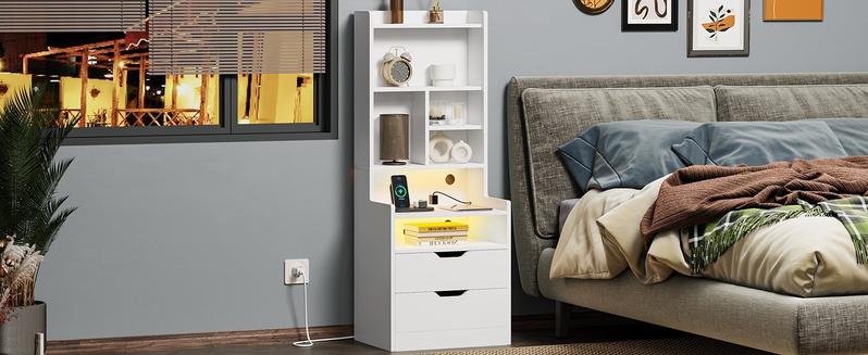 Sikaic LED Nightstand with Bookshelf Charging Station Table Multifunctional RGB Light Strips 2 USB Ports App Control Dynamic Modes Modern Side End Table