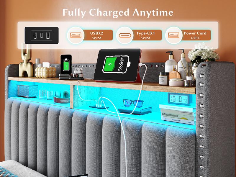 Raybe Furniture Upholstered Bed Frame with LED & Charging Station & 2 Drawers, MATTRESS NOT INCLUDED, Twin, Full, King, Queen Size Bed Frame with Headboard &Shelves, Holds 1000 LBS, No Noise