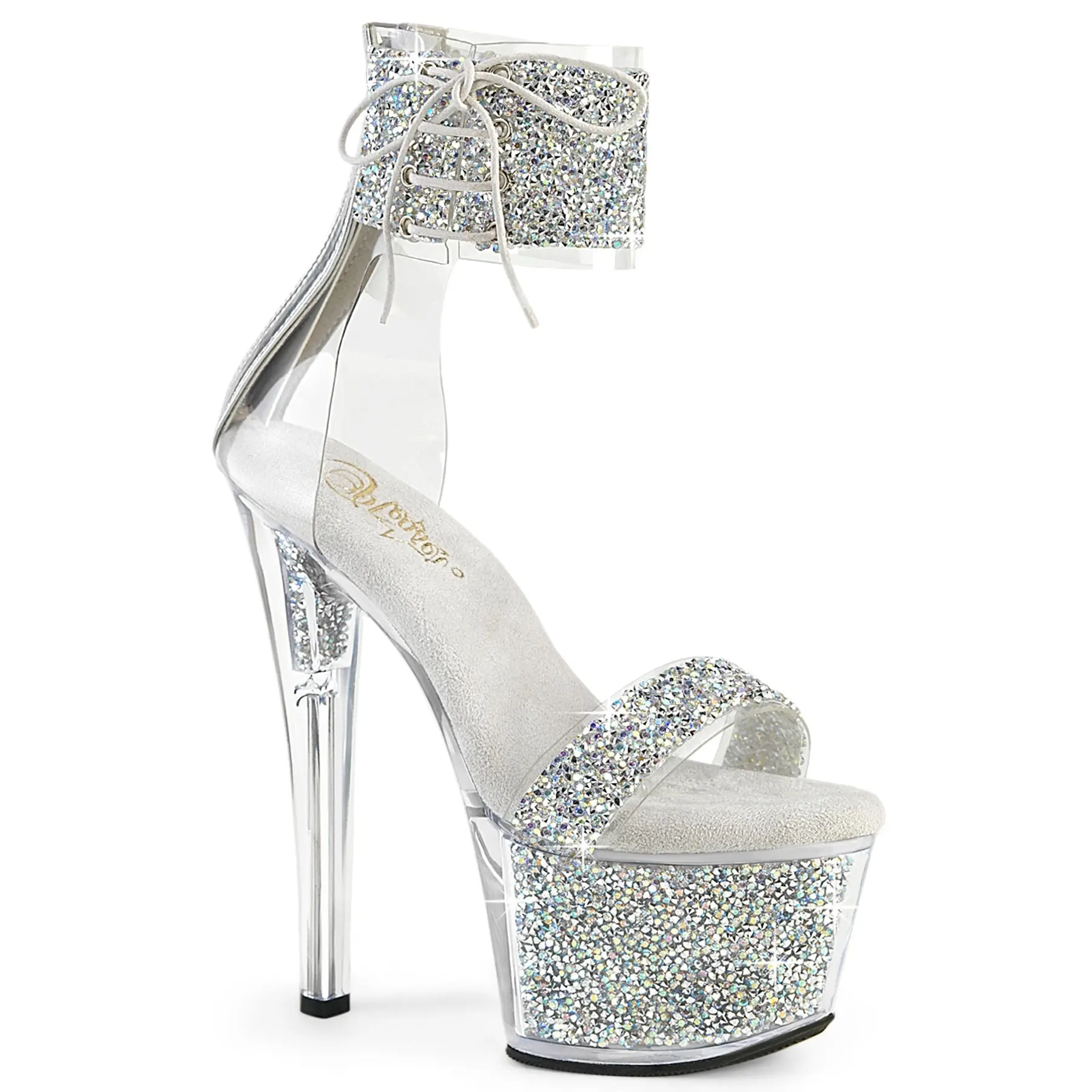 Pleaser Sky-327RSI Women's Rhinestone Wedge Sandals, Stylish Open Toe Ankle Cuff with Side Laces, 7" High Heel, 2.75" Platform, Classy Sandal