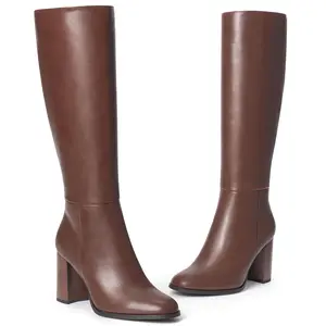 【Valentine's Day Gift】Black Knee High Boots for Women, Square Toe Chunky Block Heeled Platform Tall PU Leather Cogo Boots with Side Zipper Footwear Gir Walking Shoes Girl