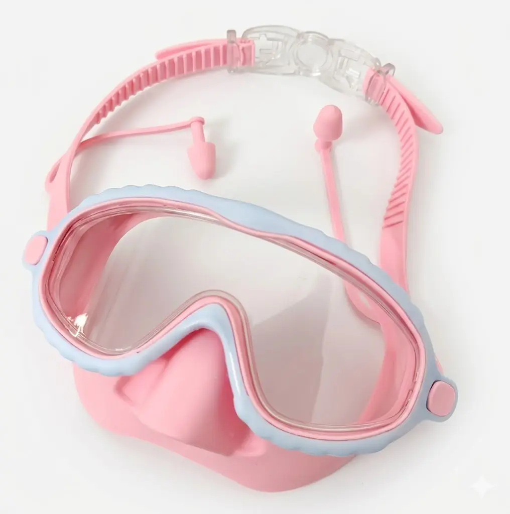 Oversized Adjustable Swimming Goggles with Anti-Fog Lens, Wide View High-Definition Clarity, Comfort Cushions, Earplugs Inl., Pink Frame-Blue Silicone Cushions, Safe for Outdoor Swims, Stylish Water Sports Gear