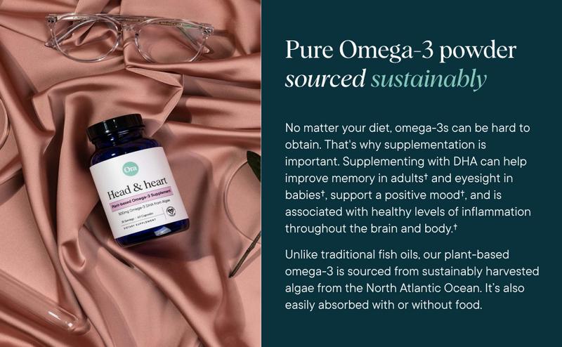Ora Organic Vegan Omega 3 Supplement - 500mg DHA for Brain, Eye, and Heart Health - Made from Sustainable Algae - 60 Capsules