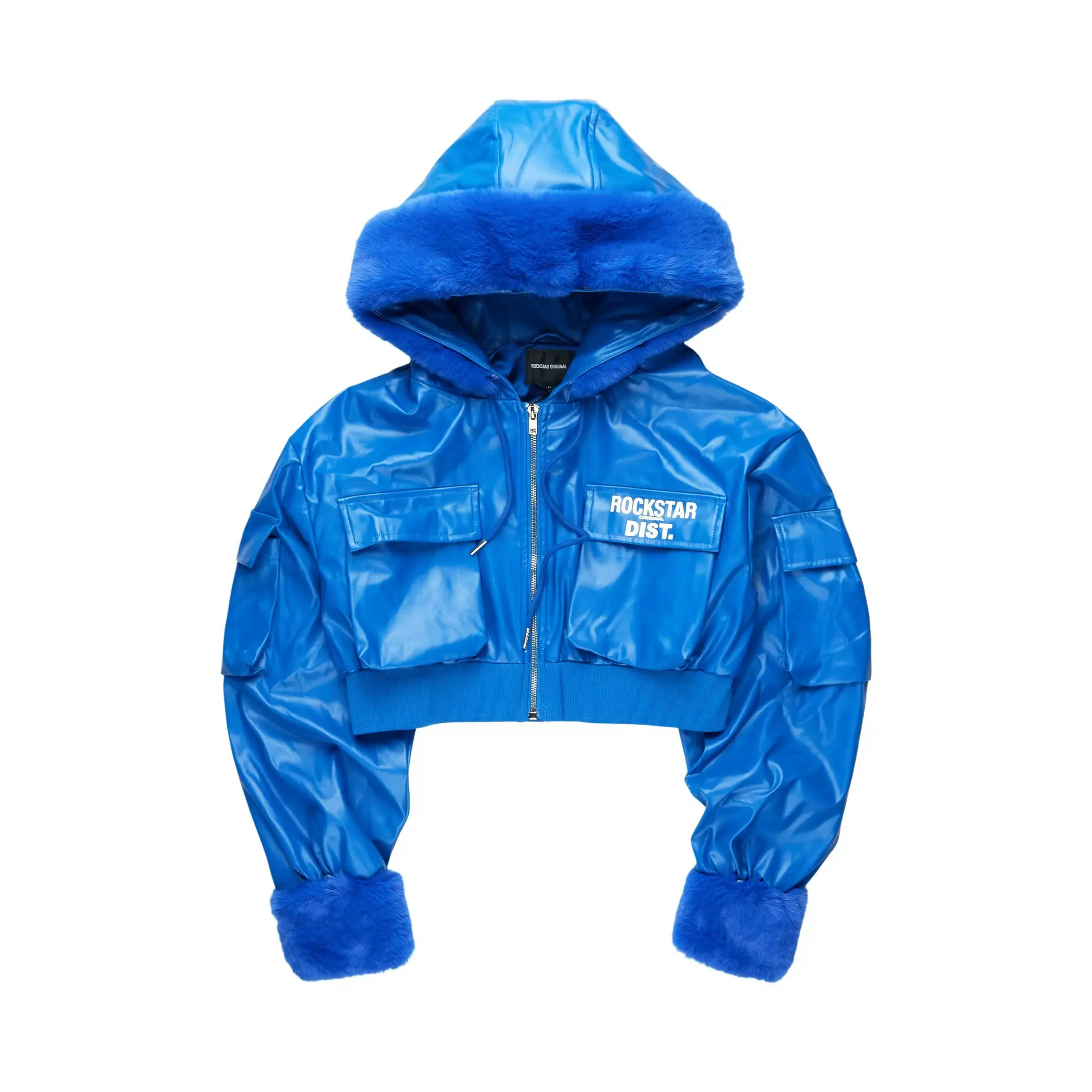 Amyia Royal Blue PU Jacket With Fur Hood