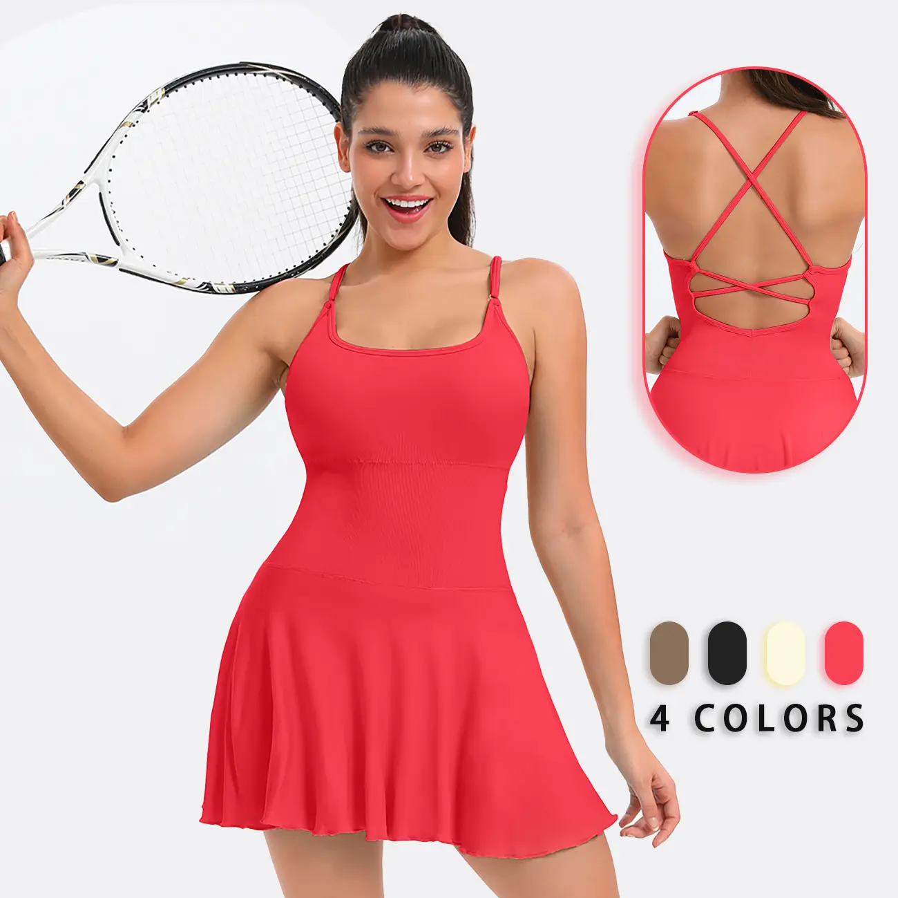 Women's Flowy Tennis Dress with Built in Shorts & Bra Spaghetti Crossover  Back Strap Athletic Workout Active Jumpsuit - TikTok Shop