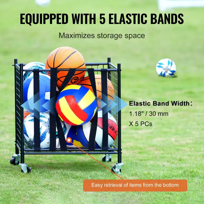 VEVOR Carbon Steel Rolling Sports Ball Storage Cart, Corrosion-Resistant Lockable Basketball Cage with Elastic Straps, High-Load Space-Saving Sport Equipment Holder for Garage, Gym