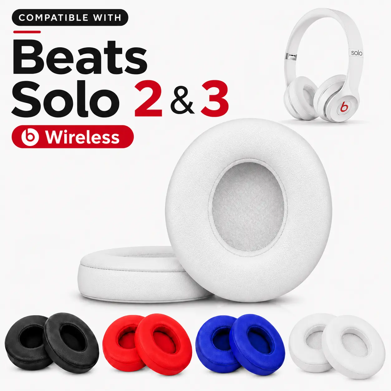 Beats Solo 2 & Solo 3 Wireless On-Ear Headphones Replacement Ear Pads, Solo2 & Solo3 Earpads Cushions with Noise Isolation Memory Foam and Softer Protein Leather, Black