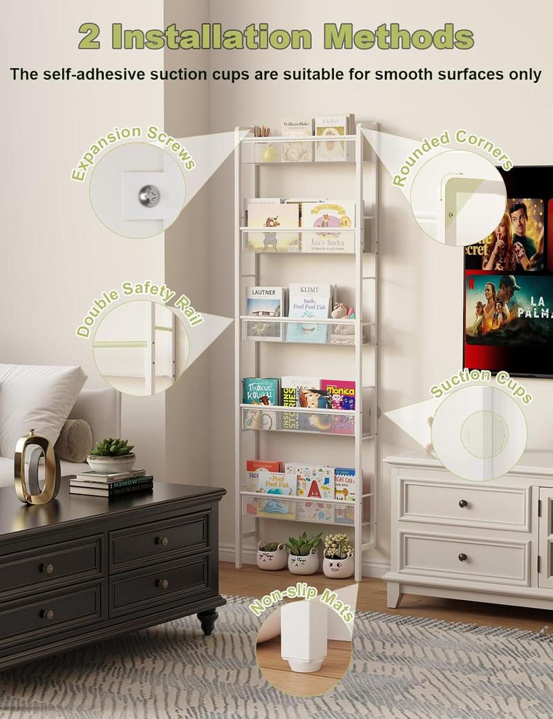 Wall Mounted 5-Tier Bookshelf, Metal Book Rack Organizer for Books, Magazines & Decor, Space-Saving Wall Bookcase for Living Room, Bedroom, Office, White