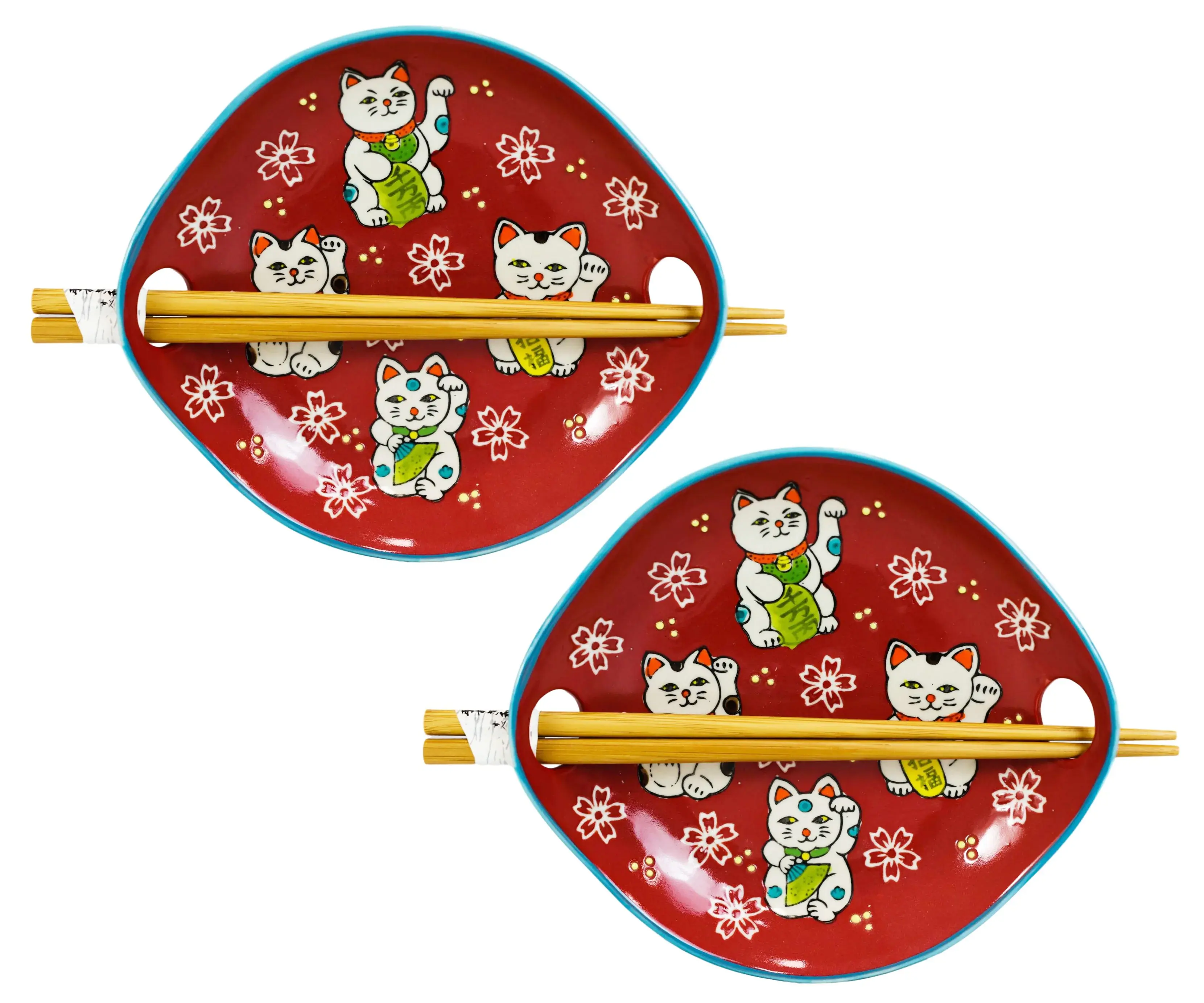 Red Maneki Neko Lucky Cat Ceramic Pottery Tableware Set - 2 Red Appetizer Coupe Plates, Bamboo Chopsticks, Matching Bowl