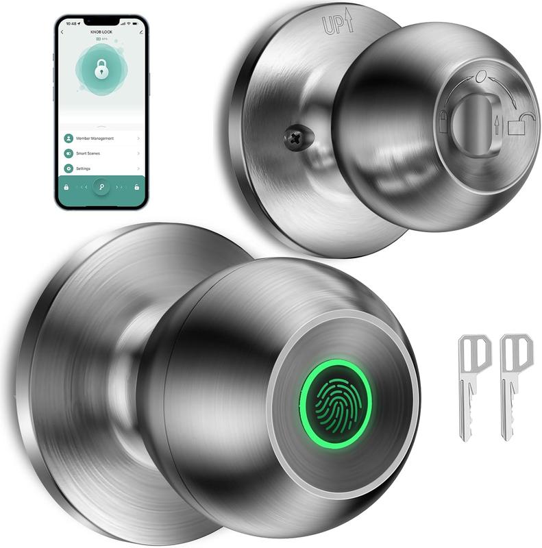 Valentine's Day Gift EuerTE Smart Lock Fingerprint Door Knob with App Control Key Type-C Port Emergency Charging Biometric Lock for Front Door Home Apartment Office FathersDayGift