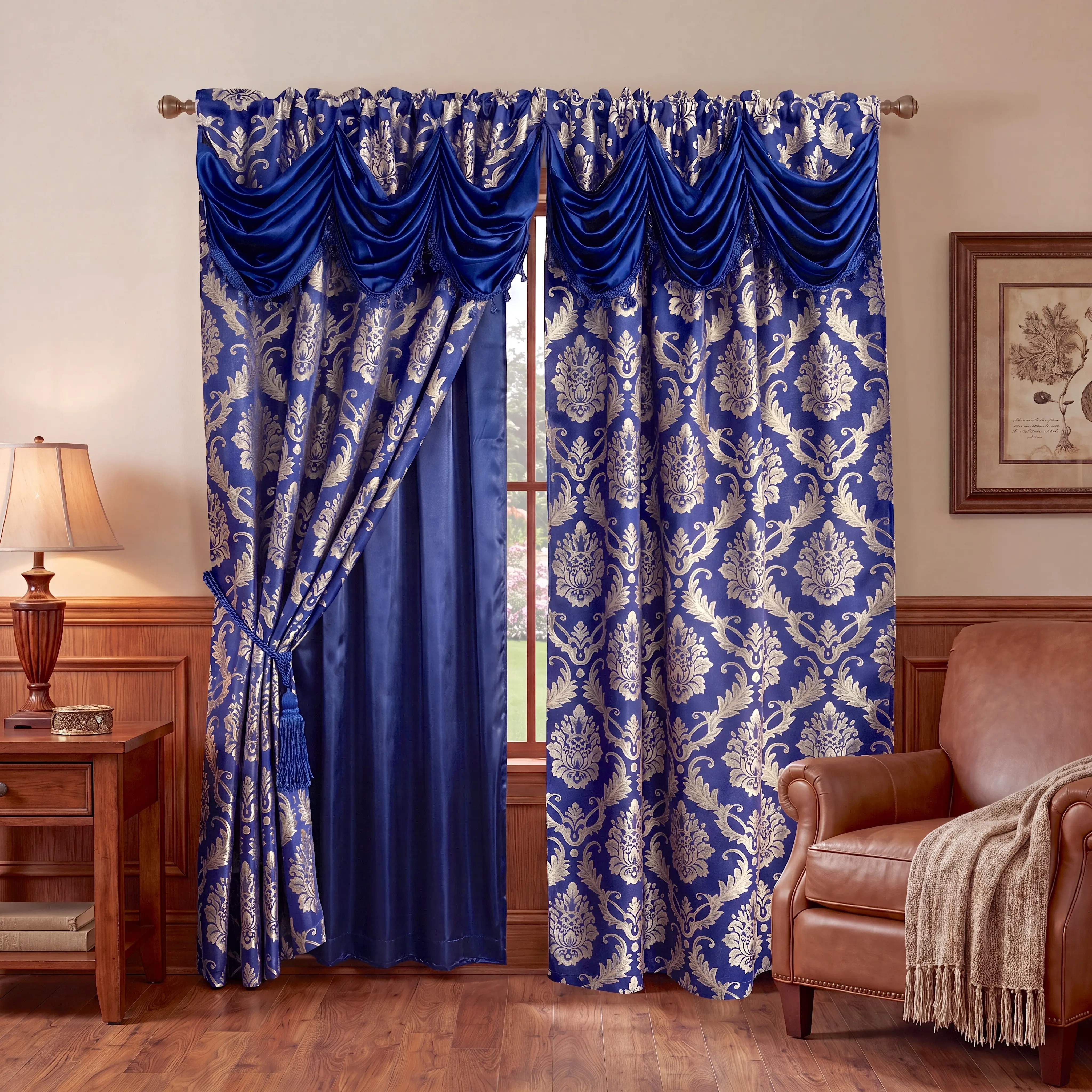 2-Panel Polyester Damask Jacquard Curtain Panels Set (52x84-95-102-110 in) with Attached Waterfall Valance, Luxury Vintage European Floral Blackout, Double Layer Satin Lined Rod Pocket Window Treatment, Fringe Trim for Living Room House Decor