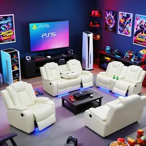 Lifestyle White Breathing Leather 3-Piece Living Room Recliner Sofa Set with Adjustable Backrest and Storage Pocket Lounge Ergonomic