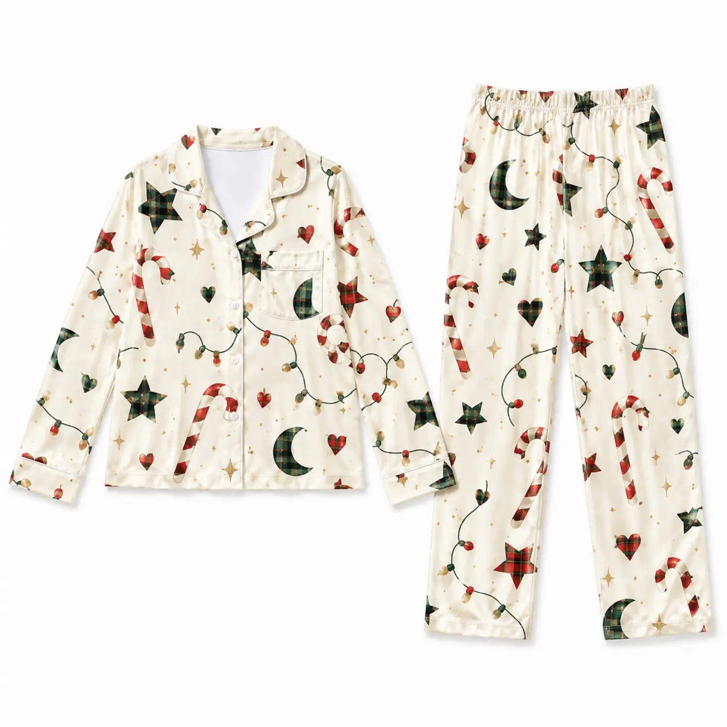 Christmas Print Long Sleeve Button Pajama Set with Pocket and Elastic Waist Sleepwear for Cozy Autumn Winter Nights