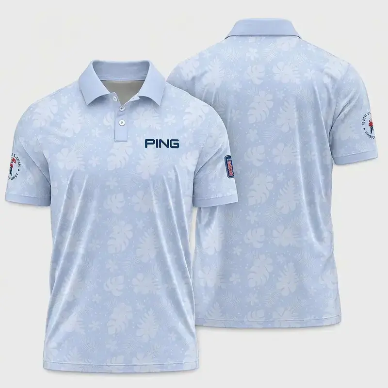Men's Light Blue Tropical Floral Golf Polo Shirt Moisture Wicking Performance Wear