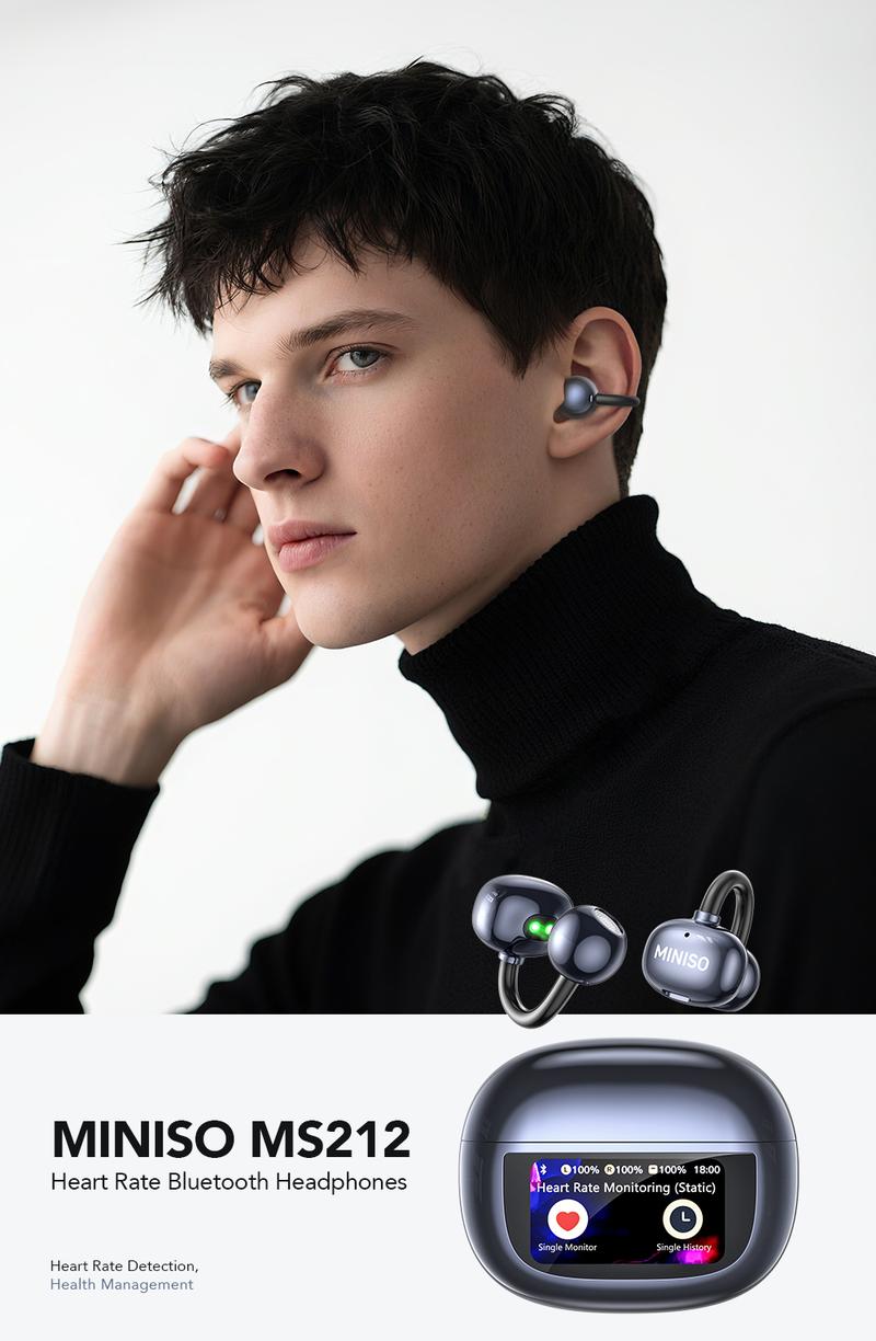 MINISO MS212 Clip-On Ear Headphones with Heart Rate Monitoring Wireless Audio Headphones for Music & Phone Calls, IPX5 Sport Waterproof & Sweatproof, with LCD Full Color Touch Screen, Bluetooth 6.0 Headsets, Heart Rate Health Management