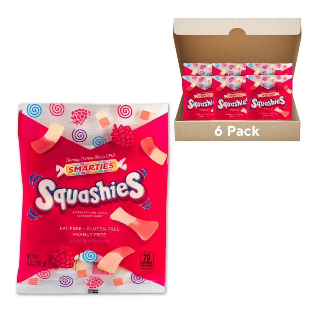 Smarties Squashies 6 pack Foam Marshmallows Gummies Candy Gluten Free Gummy Candy Bulk Peanut Free Perfect for Birthday & Valentines Party Favors & Raspberries Flavored 5 oz Candy Bags