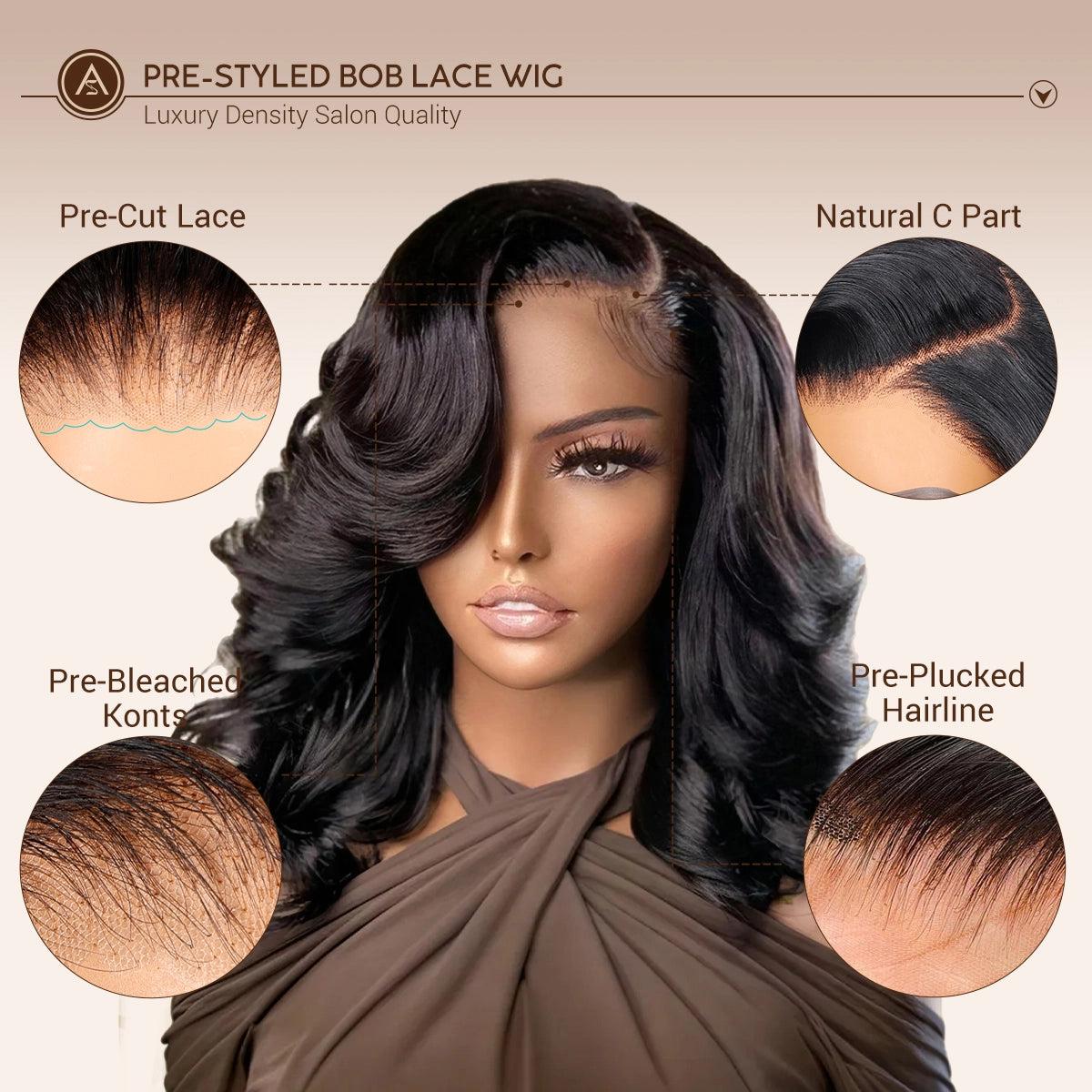 [Tiktok Hot] Pre-Styled Body Wave Glueless Layer Wavy Bob Wig Reddish Brown / Blonde Highlight /Chocolate Brown/99J ColorTransparent Lace Ready To Go Wigs SpringStatements