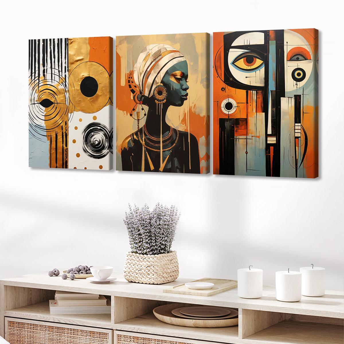 3Pcs Wooden Framed Canvas Painting, African Woman Abstract Geometric Shapes Gold Orange, Exquisite Poster, Home Decoration, Pattern Wall Art Decor, For Living Room, Bedroom, Office, Restaurant, Bar Wall Decor, Odorless, Painting, Print Artwork