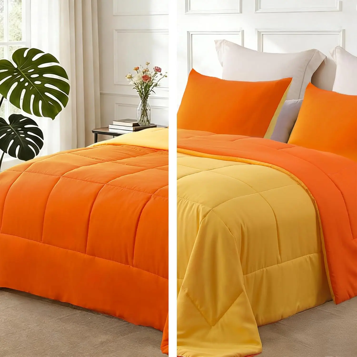 Twin Size Reversible Lightweight Down Alternative Comforter Set with 1 Pillow Sham, Breathable Cooling Bedding for All, Orange/Yellow