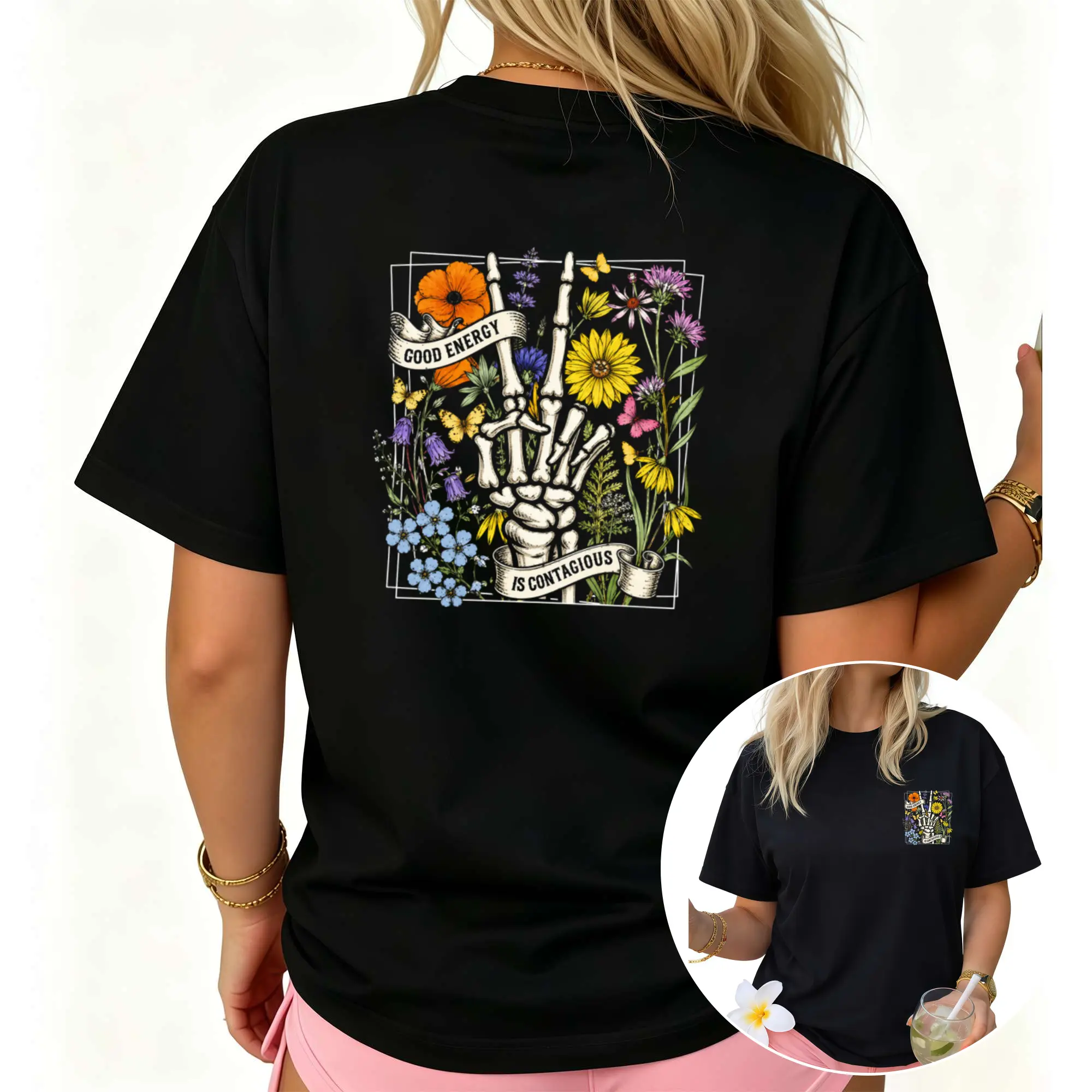 Wo Casual Crew Neck T-Shirt with Unique Front and Back Designs,, Relaxed Fit, All-Season Comfort, Ladies T Shirts