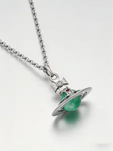 2026 New Arrival Elegant Silver Tone Necklace (Chain Length 475mm) with Sparkling Orb Pendant, Green Iridescent Center & Multicolor Crystal Accents, Eye-Catching Statement Jewelry for Special Occasions