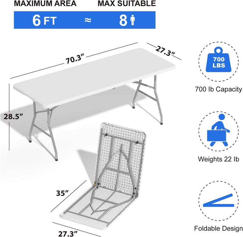 6FT Folding Table for Indoor Outdoor Portable Heavy Duty Fold-in-Half Plastic Dining Picnic Party Camping Table with Carrying Handle