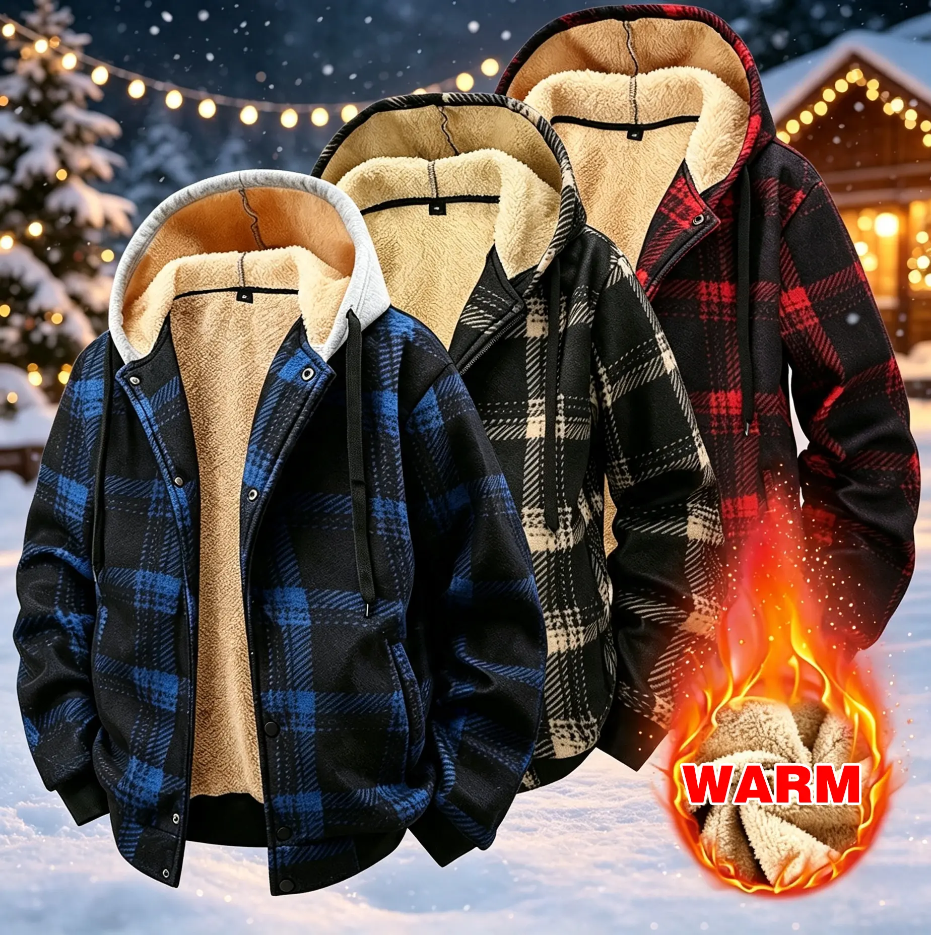Hooded and flannel thick plaid sports and leisure outdoor men's warm jacket
